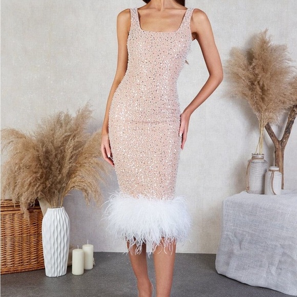 Cream Midi Bodycon Dress with Ribbed Texture and Scoop Neck for Cocktail - Picture 5 of 5